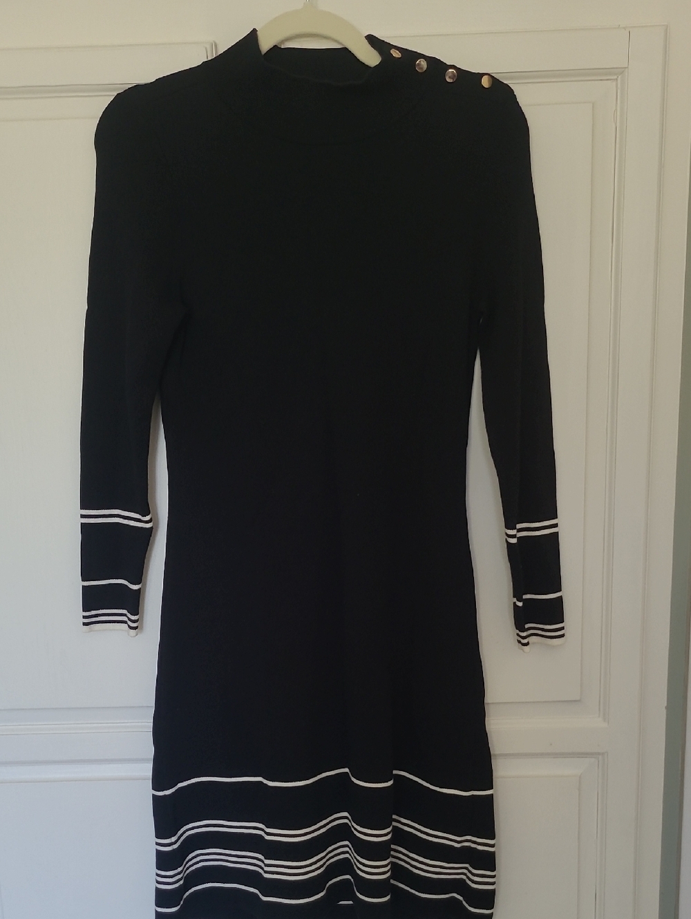 Petite Small Ann Taylor Black Long-Sleeve Knit Dress with White Stripe Accents